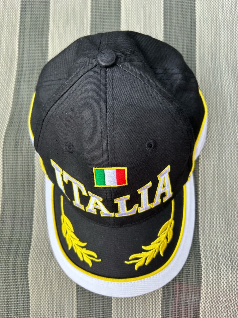Black 'ITALIA' Baseball Cap with Yellow Trim and Italian Flag